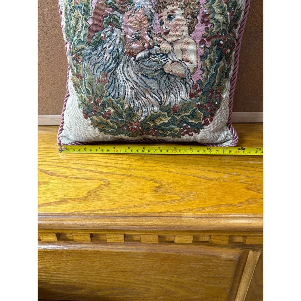 Vintage Christmas Tapestry Santa and Cherub Throw Pillow Pink Rope Trim 12x12